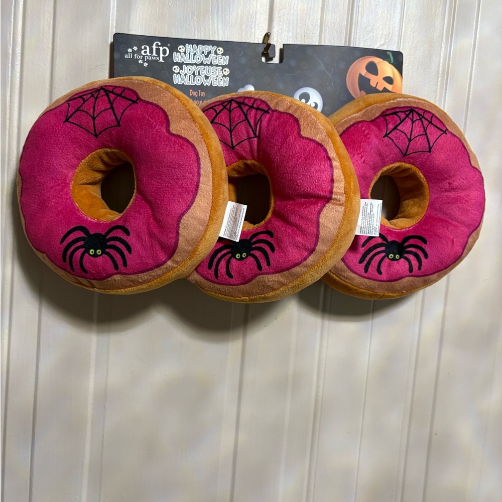 All For Paws Halloween Squeaky Dog Toy Spooky Pink Donuts Spiders 7” Set Of 3